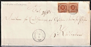 FRIMÆRKER DANMARK | 1858-62 - AFA 4 - 4 Skilling brun x 2 på brev - Stemplet Skælskør